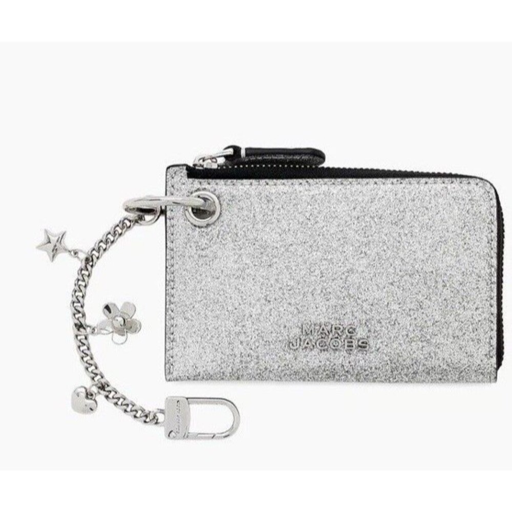 Authentic New Marc Jacobs Silver Glitter Leather Charm Wallet